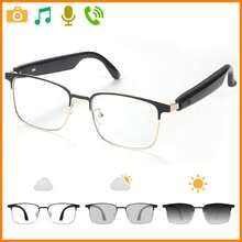 VUB Fashionable Smart Glasses Wireless Bluetooth Glasses Auto‑Photochromic Lenses Uv Protection Unisex Music Playback Answer/End Calls Weather Queries Remote Camera Control Suitable For Work Business Meetings Driving Sports Camping Fishing Travel Perfect Gift For Parents Boyfriend Girlfriend Birthday Holiday Gift Valentine's Day Gift - 黑色金框 - 查看 1