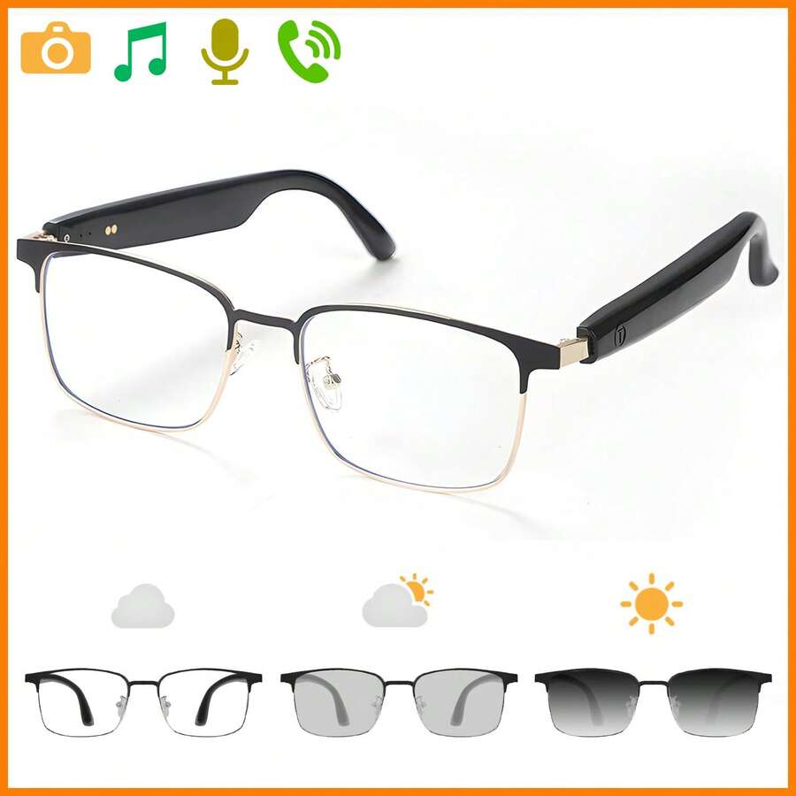 VUB Fashionable Smart Glasses Wireless Bluetooth Glasses Auto‑Photochromic Lenses Uv Protection Unisex Music Playback Answer/End Calls Weather Queries Remote Camera Control Suitable For Work Business Meetings Driving Sports Camping Fishing Travel Perfect Gift For Parents Boyfriend Girlfriend Birthday Holiday Gift Valentine's Day Gift - 黑色金框 - 查看 1
