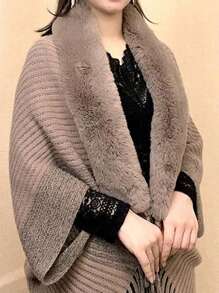 1pc Women's New Autumn/Winter Knitted Cardigan With Faux Fur Collar, Tassels Design, Poncho Style