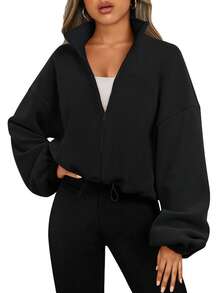 Women's Autumn And Winter Fleece Stand Up Collar Crop Jacket With Zipper And Drawstring