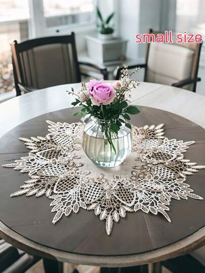 1pc 100% Polyester Embroidered Lace Cutwork Round Placemat, Candle Mat, Round Tablecloth, Vintage Bohemian Style, Suitable For Dining Table, Coffee Table, Vanity, Living Room, Home Decor, Holiday Party, Picnic, Family Gathering, Wedding Gift
