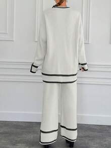 مجموعة كنزة صوفية وبنطلون بأكمام طويلة وياقة مستديرة ذات لونين متباينين، خريف/شتاء، 2 قطعة