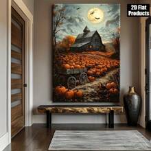1 Canvas Wall Art Poster - Halloween Farmhouse With Pumpkins, Crows, Full Moon - Orange, Brown, Gray Fall Barn Scene, Indoor/Outdoor Fall Decor For Living Room, Bedroom, Office - Halloween Decor Gift Idea - Farmhouse Halloween Decor, Halloween Home Decor, Seasonal Room Decor, Dramatic Moonlight Scene, Textured Brushstrokes, High Quality Print, Rustic Style Fan, 2D Flat Print Poster, Frameless Painting