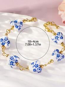 1PC Elegant And Exquisite Chinese Blue And White Porcelain Heart Retro Style Bracelet, Blue And White Dual-Color Women's Beaded Bracelet, Date, Valentine's Day And Birthday Gift - 多色 - 查看 4