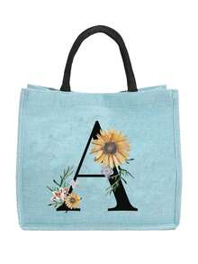 Sunflower & Daisy, Letter A-Z Print Blue Linen Tote Bag, Perfect Holiday Gift, Multifunctional Portable Handbag/Shoulder Bag, Fashion Minimalist Linen Bag, Large Capacity Storage Bag, Gift For Women, Teacher's Day Gift, Cosmetic Bag - Blue - View 72