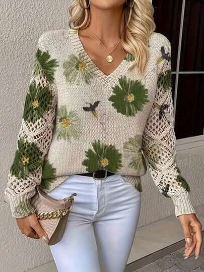 Women's Floral Pattern Knitted Pullover, V-Neck Long Sleeves, Semi-Transparent Ribbed Knit Details, Simple And Casual Style, Suitable For Daily Travel Commuting Sweater Autumn Women's Clothing