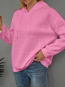 Plus Size Women Casual Letter Knitted Jacquard Long Sleeve Hoodie Sweatshirt