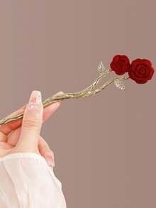 1个中国风发夹，女士高端发髻造型发饰，天鹅绒玫瑰装饰优雅发髻夹，适合日常佩戴、拍照、派对、情人节、返校穿搭，传统中国风发饰，端庄优雅，发髻延长器，发髻假发，发髻造型器，发夹，发卡，发饰，学习用品，发卡，头部饰品