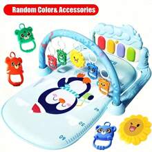 音乐趣味钢琴垫 - 婴儿俯卧健身垫，配有互动动物和向日葵玩具，感官开发游戏，圣诞生日礼物 - 粉色/蓝色/灰色，易于组装，婴儿游戏必备，有趣的设计，材料，幼儿娱乐