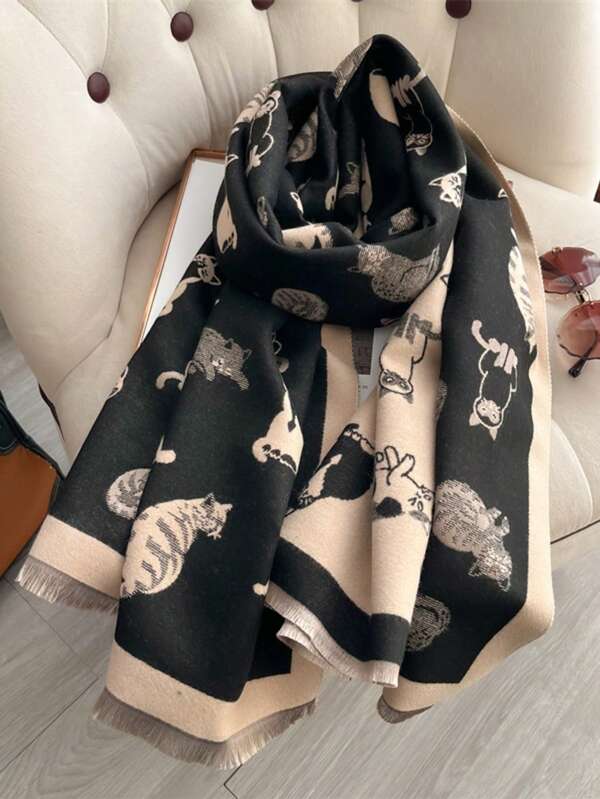 1pc Cat & Millet Pattern Scarf For Women, Warm & Versatile Shawl/Wrap, Thick & Long, Suitable For Winter