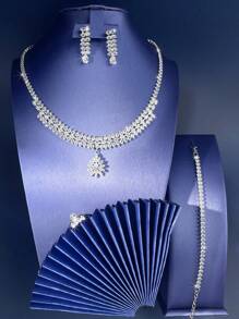 1pc Glamorous Sparkling Crystal Zirconia Flower Pendant Necklace + 1 Pair Simple Teardrop Zirconia Pendant Earrings + 1pc Personalized Open Ring + 1pc Adjustable Full Zirconia Bracelet, 5pcs Fashionable, Elegant And Versatile Jewelry Set Suitable For Daily Wear, Banquet, Campus, Party, Girls' Birthday Gift, Ideal For Teenagers