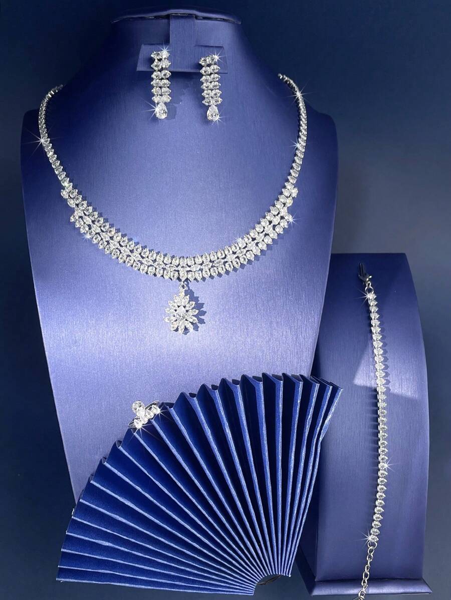 1pc Glamorous Sparkling Crystal Zirconia Flower Pendant Necklace + 1 Pair Simple Teardrop Zirconia Pendant Earrings + 1pc Personalized Open Ring + 1pc Adjustable Full Zirconia Bracelet, 5pcs Fashionable, Elegant And Versatile Jewelry Set Suitable For Daily Wear, Banquet, Campus, Party, Girls' Birthday Gift, Ideal For Teenagers