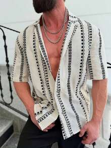 Áo sơ mi nam tay ngắn họa tiết sọc tương phản thường ngày, phong cách thoải mái cho kỳ nghỉ, xuân/hè - Nhiều màu - Xem 1