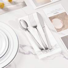 Nalupatio 350PCS Gold Tableware Set, Household Disposable Plastic Plates, Including 50pcs 7 Inch Dinner Plates, 50pcs 10 Inch Dinner Plates, 50pcs Silver Pattern Paper Towels, 50pcs Silver Knives, 50pcs Forks, 50pcs Spoons And 50pcs Gold Cups - 金色350pcs - 查看 8