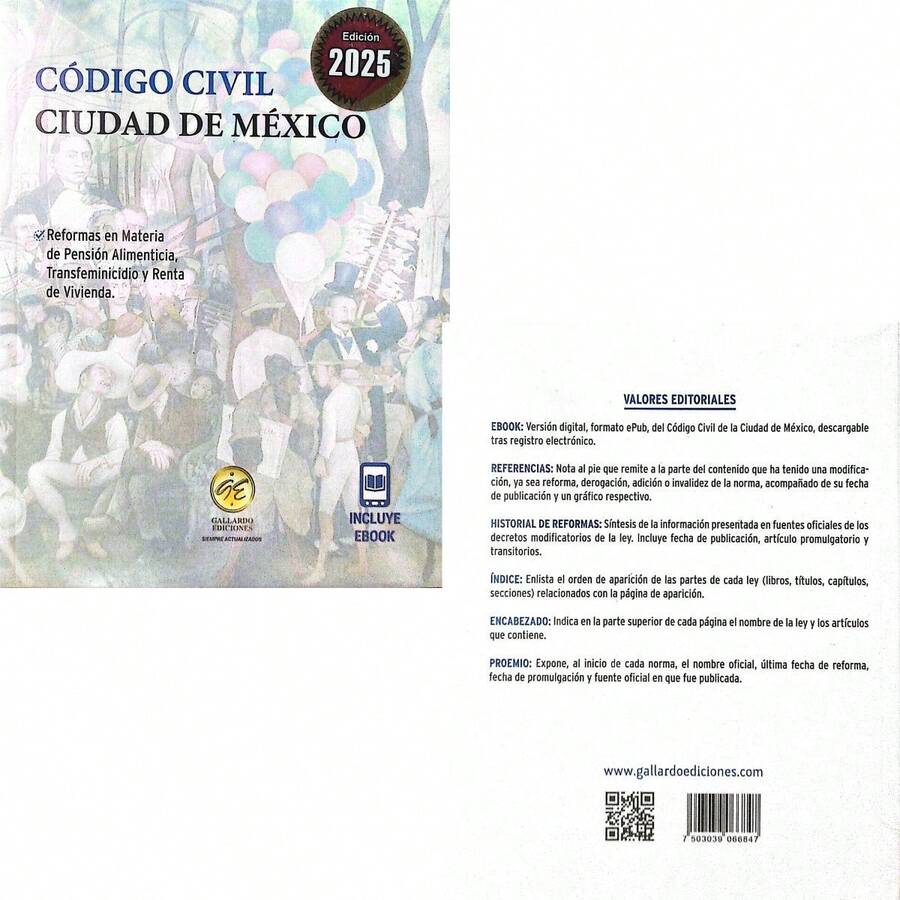 Libro en Pasta Blanda "Código Civil de la Ciudad de México 2025" en Formato de Bolsillo con Acceso a eBook – Edición Oficial, Completa y Actualizada Publicada por Ediciones Gallardo, Contiene el Texto Íntegro del Código Civil para la Ciudad de México Vigente a 2025, Incluye Reformas Incorporadas y Análisis de Disposiciones Civiles Relacionadas con Personas, Familia, Bienes, Sucesiones, Obligaciones y Contratos, Obra de 406 Páginas en Formato Portátil de 13.5 * 2 * 16.5 cm, Incluye Acceso al eBook para Consulta Digital en Dispositivos Electrónicos, Herramienta Jurídica Fundamental para Abogados, Notarios, Jueces, Estudiantes de Derecho, Servidores Públicos del Registro Civil y Profesionales del Derecho Familiar y Patrimonial, Ideal para Uso Diario en Despachos Jurídicos, Juzgados, Universidades y Oficinas Gubernamentales, Edición Compacta, Precisa y Confiable para la Aplicación del Derecho Civil en la CDMX, con Diseño Funcional y Formato de Bolsillo para Mayor Comodidad y Movilidad
