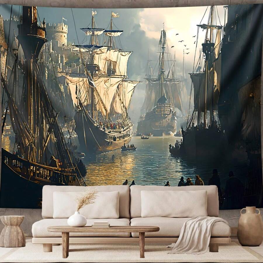 1 Piece Vintage Medieval Port Landscape Tapestry, Living Room Bedroom Office Home Room Party Decoration, No Installation Needed - Nhiều màu - Xem 1