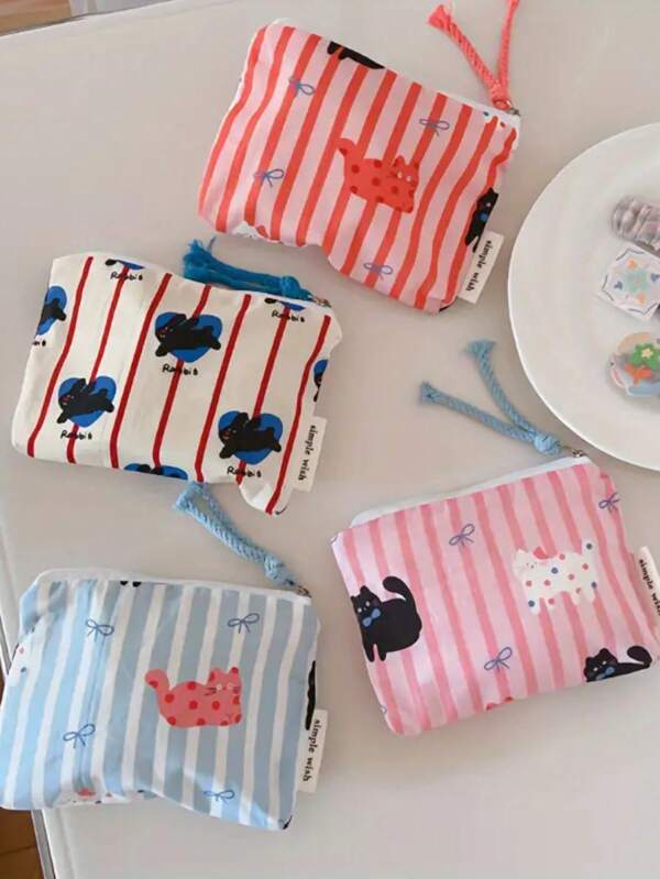TSA-Approved Cat-Themed Mini Zippered Pouch - Vintage-Inspired Durable Polyester Travel Organizer For Earphones, Lipstick & Essentials - Light Blue/White/Pink, Earbuds Carrying Case, Small Item Storage, Playful Design, Compact Construction, Small Storage Bag, Cat Lovers