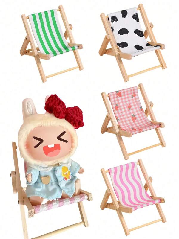 For Labubu Doll Chair Set Accessories, With Foldable Mini Lounge, Summer Vacation Wooden Beach Chair Camping Chair Decorations, Wooden Beach Chair Ornaments