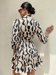 Elegante falda larga estampada estilo resort para mujer con cinturón y botones en la cintura delantera, casual, versátil y de moda, adecuada para el trabajo y la vida diaria. - Camel - Ver 2