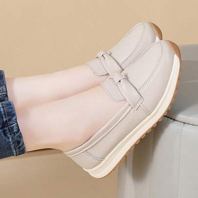 أحذية أمهات متوسطة العمر من جلد البولي يوريثان للنساء، للربيع والخريف، ذات نعل سميك وفيونكة، سهلة الارتداء، قاع ناعم، أحذية كاجوال بمقاسات كبيرة