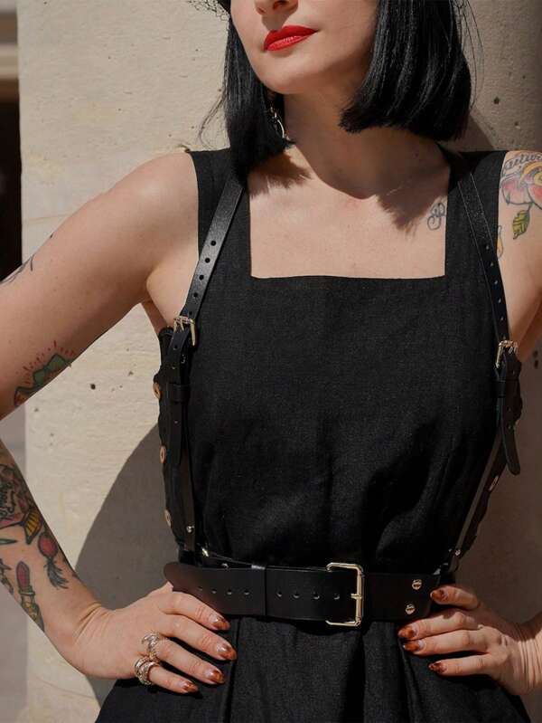 1pc Black Leather Waist Belt, Leather Suspenders, Gothic Style Suspenders, Adjustable Shoulder Strap Belt, Casual Daily Accessory