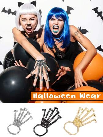 1pc Vintage Punk Skeleton Zinc Alloy Halloween Bracelet, Exaggerated Skeleton Hand Chain Metal Ring, Fashionable Personalized Skeleton Hand Bone Five-Finger Ring Bracelet Set, Adjustable, Suitable For Halloween, Parties, Gifts