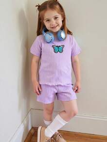 3pcs/Set Young Girls Butterfly Print Solid Color Short Sleeve Shorts Casual Outfits - Black - View 8