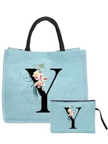 Sunflower & Daisy, Letter A-Z Print Blue Linen Tote Bag, Perfect Holiday Gift, Multifunctional Portable Handbag/Shoulder Bag, Fashion Minimalist Linen Bag, Large Capacity Storage Bag, Gift For Women, Teacher's Day Gift, Cosmetic Bag - Blue - View 37