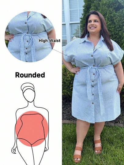 Enliva 夏季大码条纹短袖连衣裙，带缎带装饰