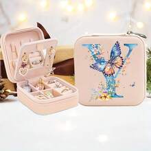 [花卉首饰盒] 1 件花卉首字母首饰收纳盒 | 紧凑型旅行盒，适用于戒指、项链、耳环 - 柔软天鹅绒衬里、耐用拉链、轻巧便携 - 非常适合珠宝整理和旅行，首饰盒旅行必需品旅行配件旅行包度假返校学校用品首饰盒 - 粉色 - 查看 6