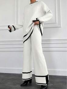 مجموعة كنزة صوفية وبنطلون بأكمام طويلة وياقة مستديرة ذات لونين متباينين، خريف/شتاء، 2 قطعة