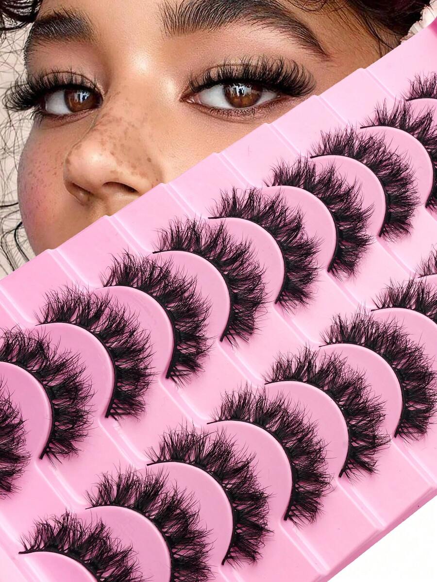 New 10 Pairs Messy Style Faux Mink Eyelashes, Black Stems, Thin Thick Cat Eye Lashes, Fluffy Natural False Eyelashes, 8D Curl, Dramatic Full Strip Eyelash Extension Makeup Tools - 濃密款 - 查看 1