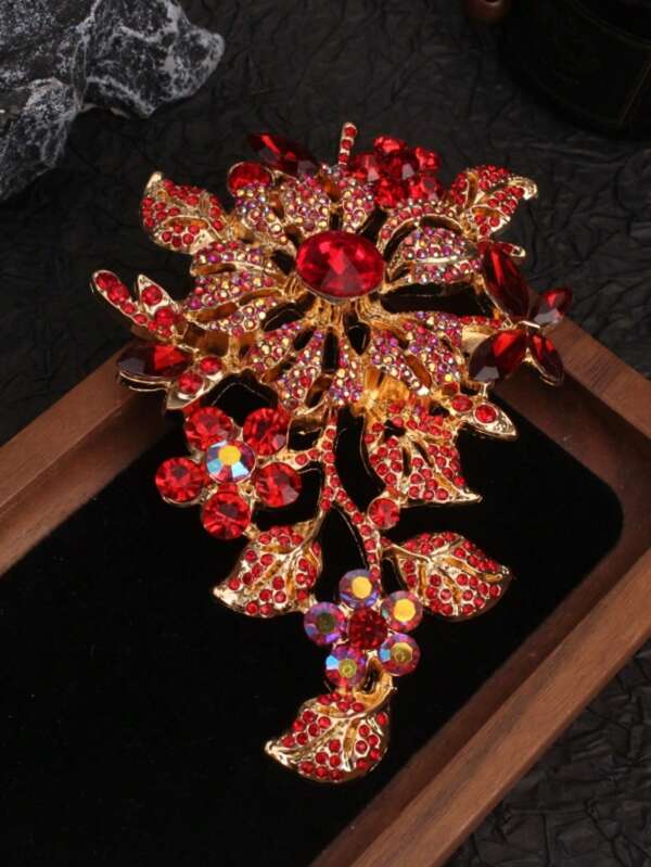 1 broche em formato de flor, dourado, vermelho, com strass, incrustado, joia glamorosa para festas noturnas femininas