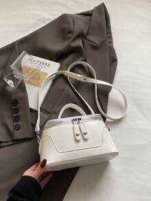 Chic High-End Niche Double Zipper Design Litchi Texture Handbag, Minimalist Summer Shoulder Crossbody Bag - White - View 5