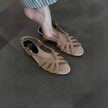 Women's Braided Open Toe Sandals Baotou Design Flat Casual Shoes Chinoiserie Vintage Beach - Apricot - View 3