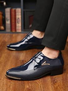 Plus Size Men's Glossy Leather Lace-Up Pointed Toe Dress Shoes, Formal Wedding Business Attire Formal/Business Formal