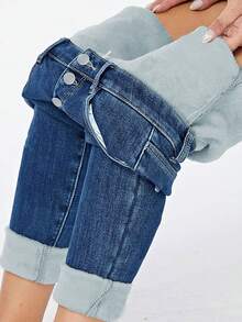 Winter Warm Thick Mid Waist Vintage Washed Elastic Skinny Jeans With Whisker Details Multiple Buttons - Blue - View 3