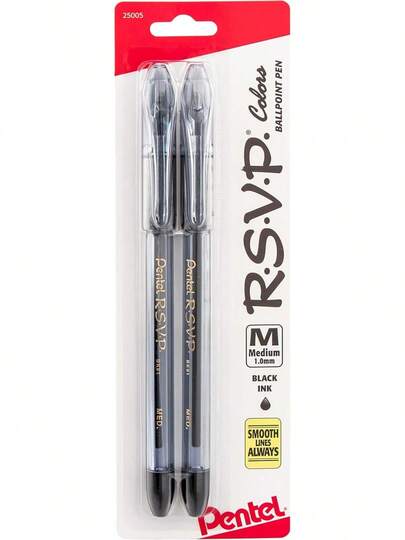 R.S.V.P.COLORS BallPoint Pen, Medium Line, Black Ink, Pack Of 2 (BK91CRBP2A)