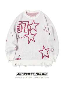 男士休闲宽松针织毛衣，星星和数字嵌花图案，做旧设计，圆领，落肩，长袖，秋冬 - 杏色 - 查看 2