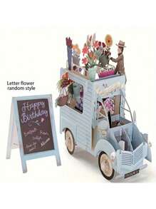 Carte d'anniversaire pop-up 3D avec voiture verte rétro et fleurs colorées - Carte de vœux pour anniversaires, anniversaires, félicitations - Design de dessin animé ludique, cadeau idéal et décoration de fête, carte-cadeau Carte pop-up florale Illustration charmante, décorations d'anniversaire, pour les fournitures scolaires, rentrée des classes