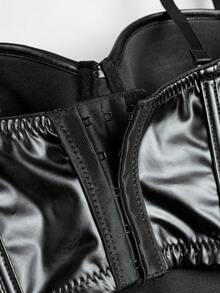 Schwarzes kurzes Bustier-Top aus Kunstleder mit verstellbaren Trägern und Knopfverschluss hinten, sexy Punk-Stil Mieder-Camisole - Schwarz - Übersicht 5