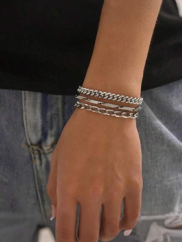 3pcs European & American Hip-Hop Style Geometric Chain Decor Bracelets