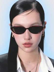 1 副女士勃艮第猫眼 PC 框架时尚眼镜，简约纯色复古小镜框，街头风格时尚眼镜猫眼形墨镜