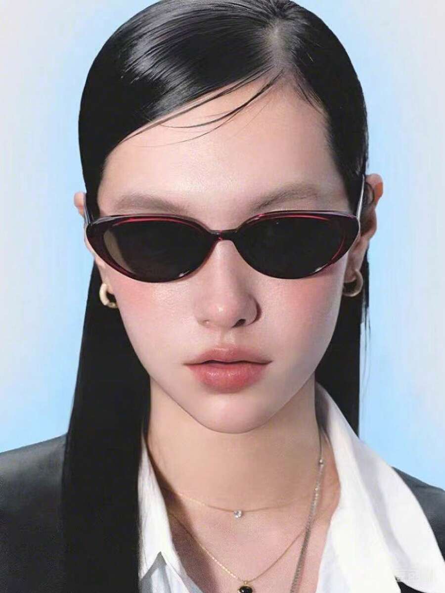 1 副女士勃艮第猫眼 PC 框架时尚眼镜，简约纯色复古小镜框，街头风格时尚眼镜猫眼形墨镜