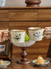 1pc Vintage Floral Mug - Elegant Beige, Brown And Blue Floral Design - Scratch-Resistant Durable Ceramic Coffee Cup - Dishwasher Friendly - Office, Home, Party Drinkware - Birthday, Christmas, Wedding Gift - Antique Style Tableware, Classic Beverage Container, Durable Office Supplies