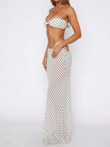 Women's Beachwear, Semi-Sheer Printed Skirt With Drawstring Waist, Swimsuit Cover-Up - White - View 3