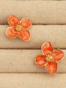 1 Pair Fashionable Minimalist Delicate Orange Flower Metal Earrings, Suitable For Daily Wear