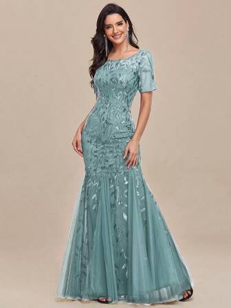 Vestido de noche formal de tul con cola de pez, manga corta y lentejuelas con diseño floral