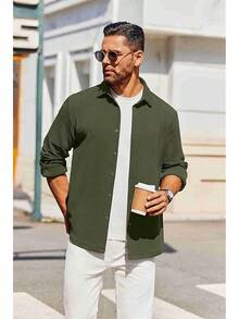 Men's Overshirt Shacket Jacket Mens Textured Button Down Long Sleeve Shirts Fashion Jacket - Màu xanh Ô liu - Xem 3
