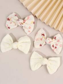 4pcs Girls' Soft Solid Color & Floral Print Hair Bow Clips, Pair Sets Of Bohemian-Style Bows - Charming Free-Spirited Delightful Hair Accessories For Beach Trips, Music Festivals, Parties & Summer Seasons